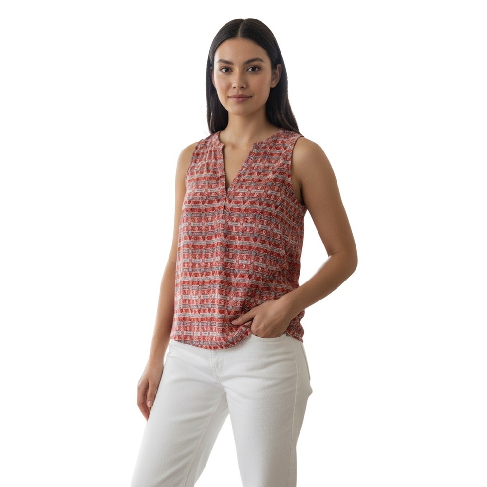 Joie‎ 100% Silk Sleeveless Blouse Red Geometric Print V Neck Womens S